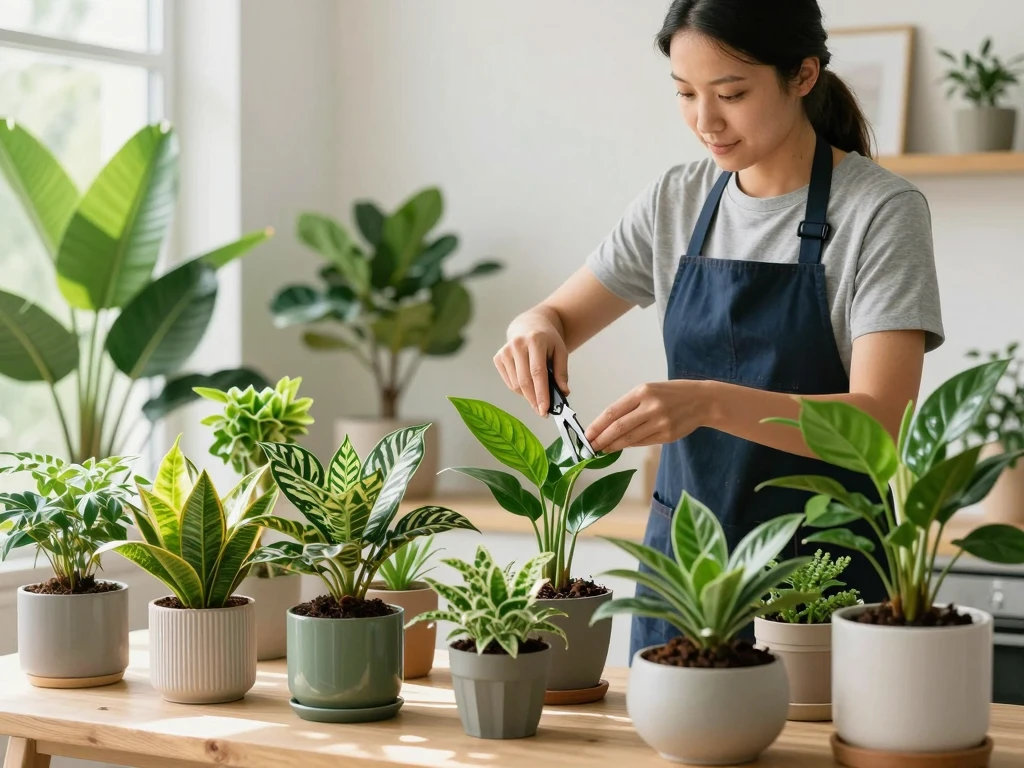 Professional plant care service maintaining healthy indoor plants
