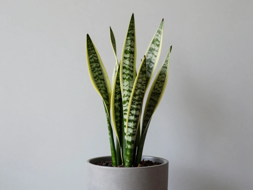 Snake Plant with tall upright variegated leaves in modern planter