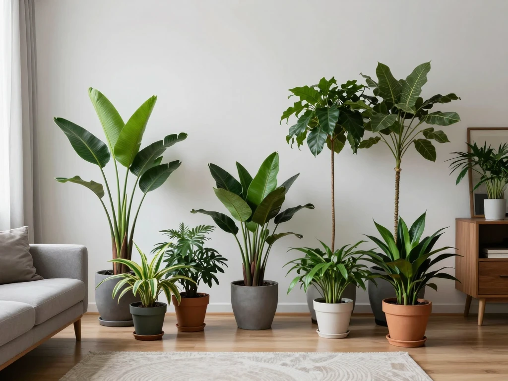 Indoor plants purifying air in modern living room environment